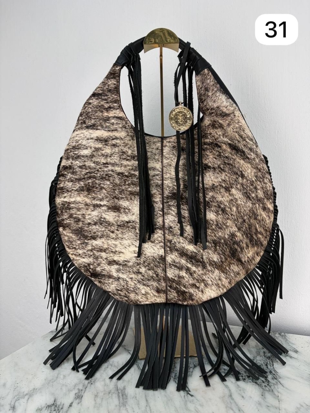 Fringed Cowhide Hobo Bag in Brown and Black